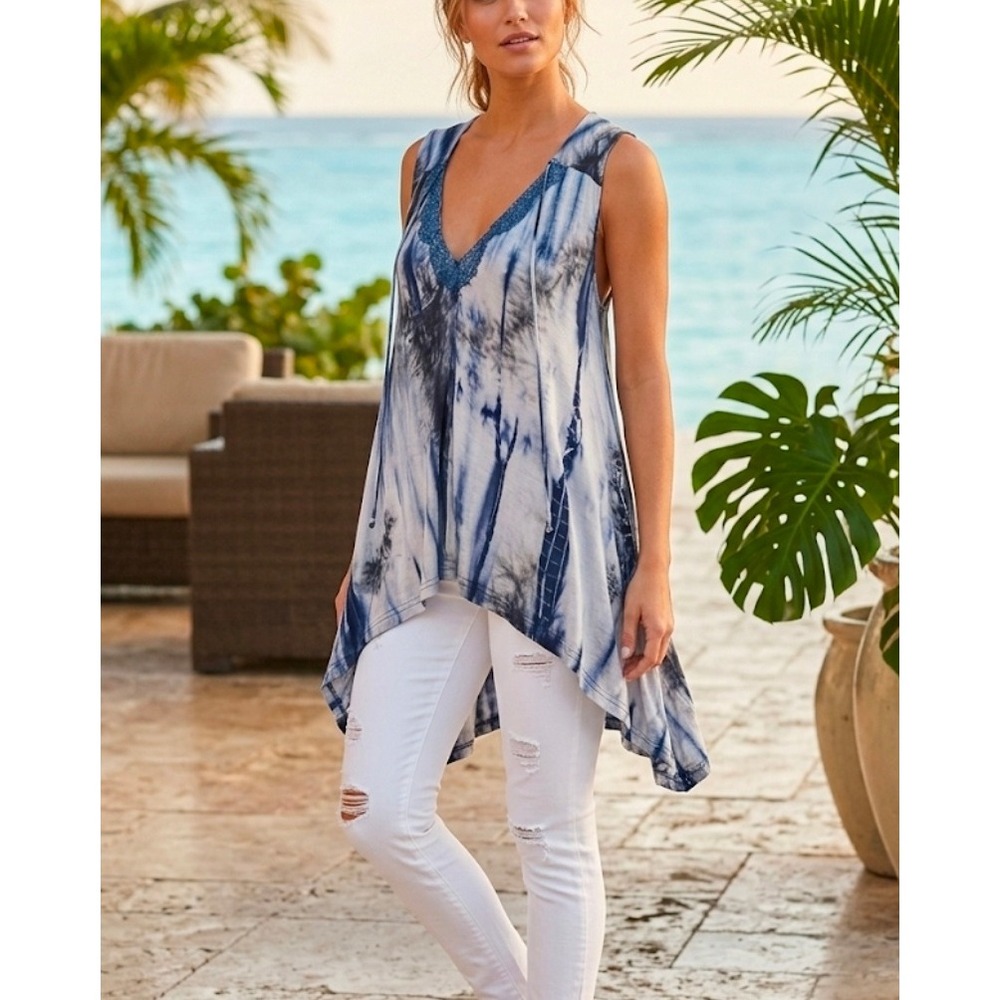 VENUS Tie Dye Lace Trim Flowy Sharkbite Hem Sleeveless Tunic Top